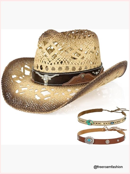 Straw Cowboy Hat with 3 Interchangeable Bands, One Size main image 7